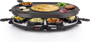 Princess Gourmetstel 162700 - Raclette Oval Grill Party - Speciaal crêpegedeelte - 8 personen - 43 x 30 cm - 2 meter snoer - 1200W - Regelebare thermostaat - 8 pannetjes