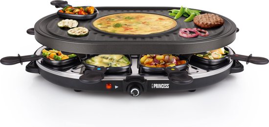 Princess Gourmetstel 162700 - Raclette Oval Grill Party - Speciaal crêpegedeelte - 8 personen - 43 x 30 cm - 2 meter snoer - 1200W - Regelebare thermostaat - 8 pannetjes Princess Gourmetstel 162700 - Raclette Oval Grill Party - Speciaal crêpegedeelte - 8 personen - 43 x 30 cm - 2 meter snoer - 1200W - Regelebare thermostaat - 8 pannetjes