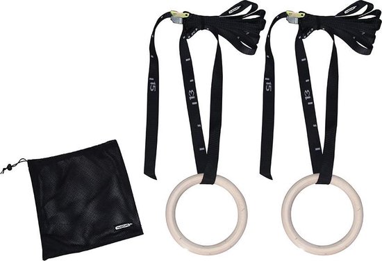 Tunturi Gymnastic rings hout - 23cm diameter - Inclusief riem - Incl. gratis fitness app Tunturi Gymnastic rings hout - 23cm diameter - Inclusief riem - Incl. gratis fitness app