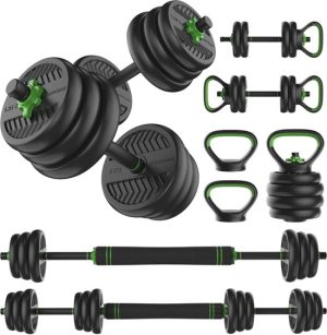 Tunturi Halterset en Dumbbells Vinyl 20 kg – Gewichten Set met Kettlebell en Barbell – Opdruksteunen - Schroefsluiting 30 mm – Anti-Slip Grip