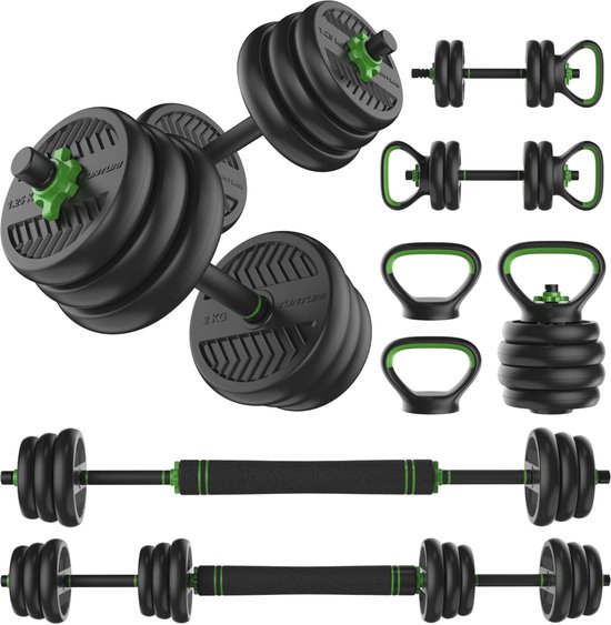 Tunturi Halterset en Dumbbells Vinyl 20 kg – Gewichten Set met Kettlebell en Barbell – Opdruksteunen - Schroefsluiting 30 mm – Anti-Slip Grip Tunturi Halterset en Dumbbells Vinyl 20 kg – Gewichten Set met Kettlebell en Barbell – Opdruksteunen - Schroefsluiting 30 mm – Anti-Slip Grip