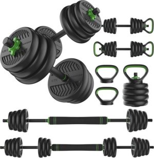 Tunturi Halterset en Dumbbells Vinyl 28 kg – Gewichten Set met Kettlebell en Barbell – Opdruksteunen - Schroefsluiting 30 mm – Anti-Slip Grip